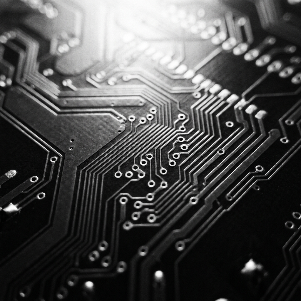 Macro of a bare circuit board, silver traces on black soldermask.