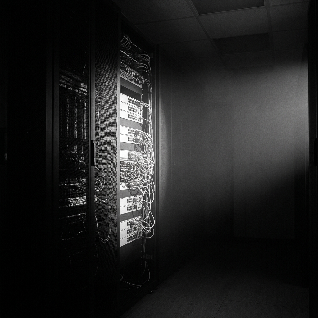 Dark server aisle, one slash of light across the switch panels.
