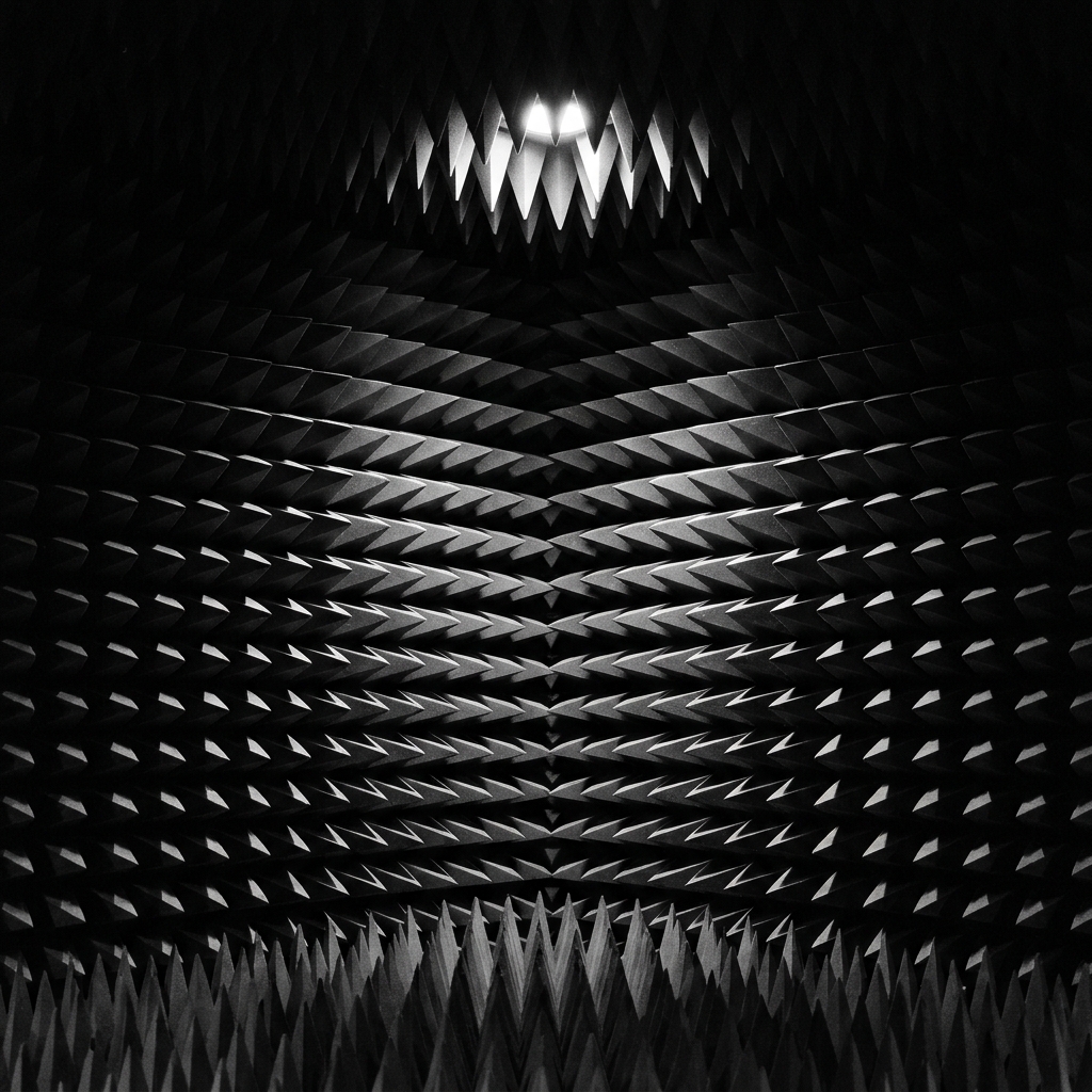 Anechoic RF chamber, absorber cones receding into black.