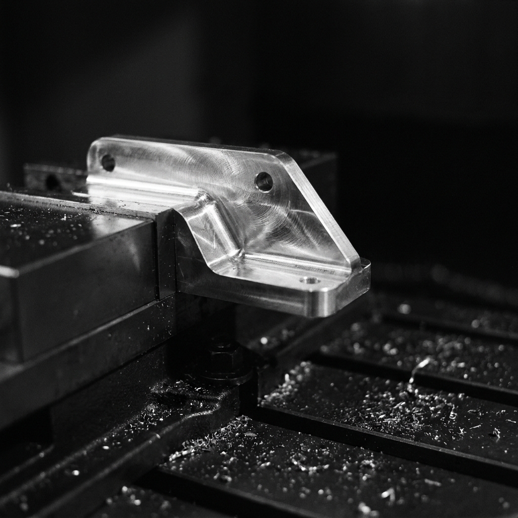 Machined aluminum bracket clamped in a CNC vise.