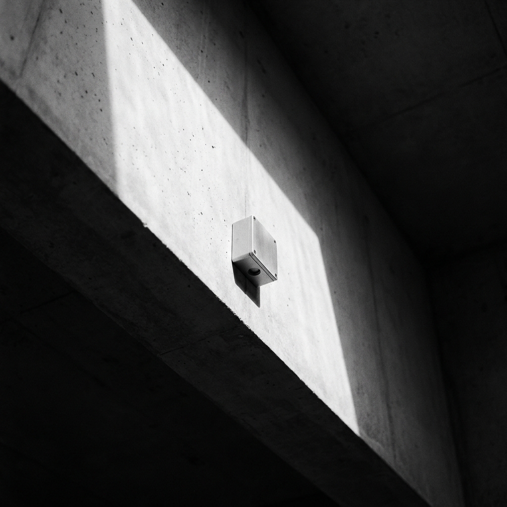 Small sensor node on a raw concrete soffit.