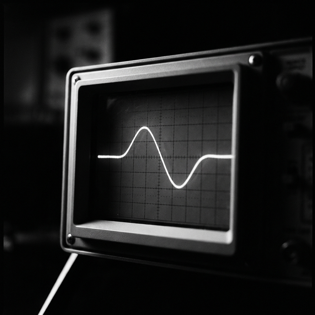 A single clean waveform on an oscilloscope in a dark lab.