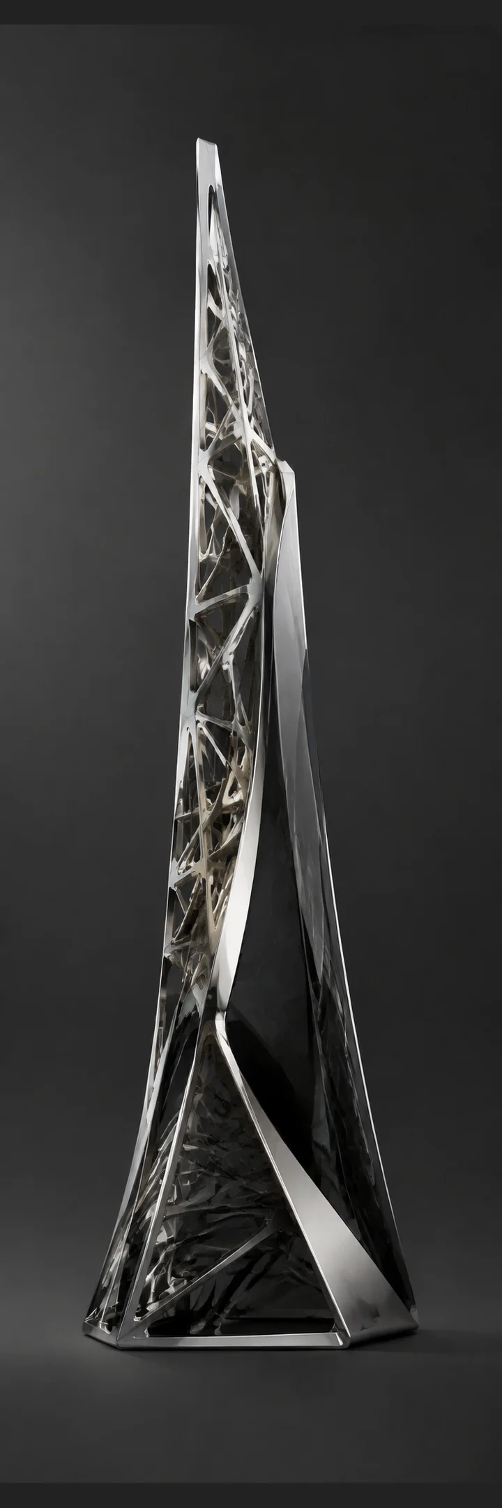 Tall sculpture combining metal lattice, glass, and chrome.