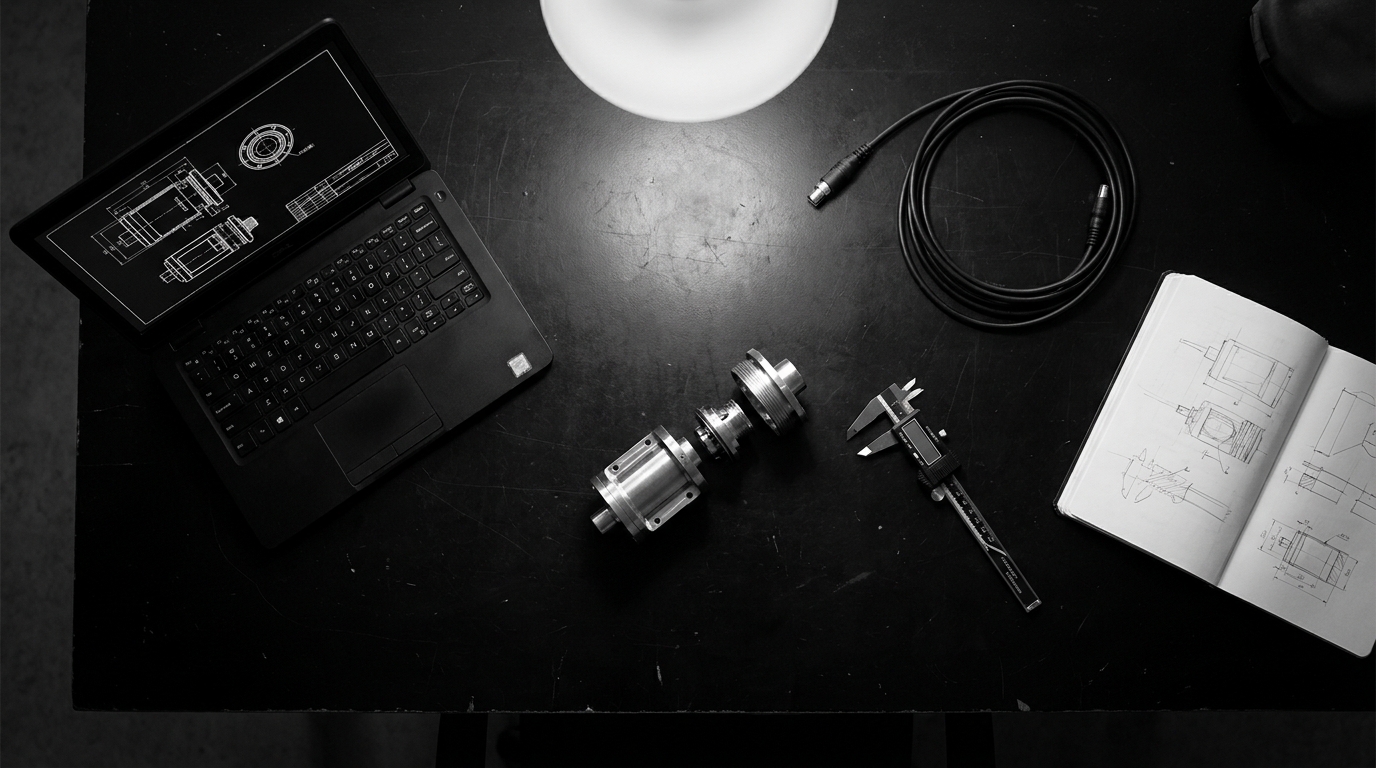 Overhead view of an engineering bench: laptop, a partly disassembled sensor housing, calipers, cable, and a sketchbook.